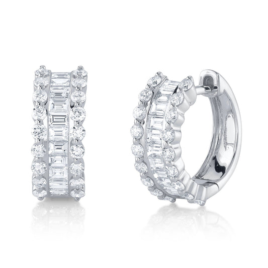 Huggie earrings with various-shaped diamonds.