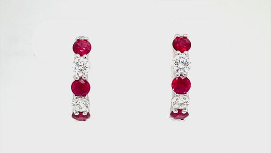 ReMARKable Designs Small Hoop Color Gemstone Earrings in 14 Karat White with 6 Round Rubies 0.95ctw