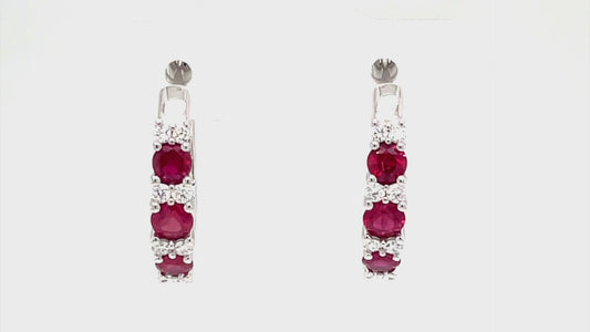 ReMARKABLE Designs Small Hoop Color Gemstone Earrings in 14 Karat White Gold with 6 Round Rubies 0.89ctw