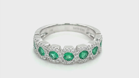 ReMARKABLE Designs Color Gemstone Band in 14 Karat White Gold with 7 Round Emeralds 0.62ctw