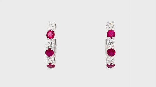 David Kord Precious Color Collection Small Hoop Color Gemstone Earrings in 14 Karat White Gold with 8 Round Rubies 0.62ctw