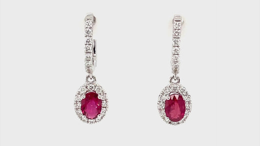 ReMARKABLE Designs Drop Color Gemstone Earrings in 14 Karat White Gold with 2 Oval Rubies 2.13ctw