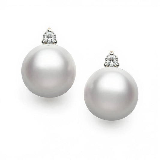 ReMARKable Designs Stud Color Gemstone Earrings in 14 Karat White Gold with 2 Round Pearls 6mm-7mm