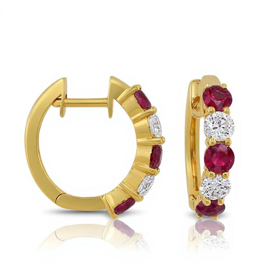 ReMARKable Designs Small Hoop Color Gemstone Earrings in 14 Karat Yellow Gold with 6 Round Rubies 0.93ctw