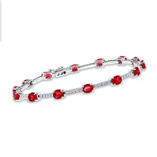 David Kord Station Color Gemstone Bracelet in 14 Karat White Gold with 16 Round Rubies 2.96ctw