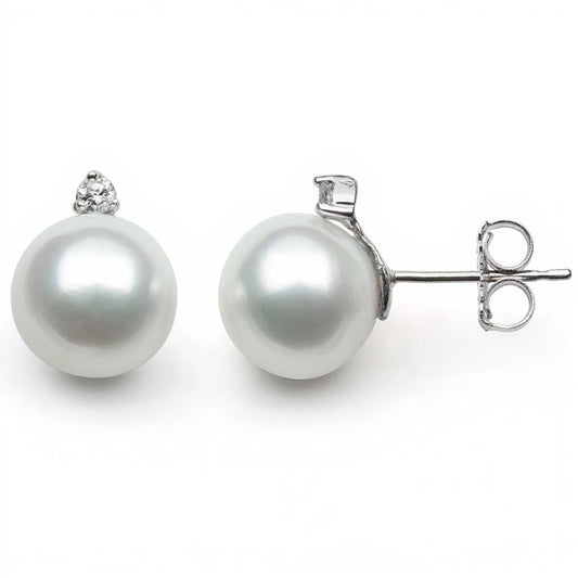 ReMARKable Designs Stud Color Gemstone Earrings in 14 Karat White Gold with 2 Round Pearls 6mm-7mm