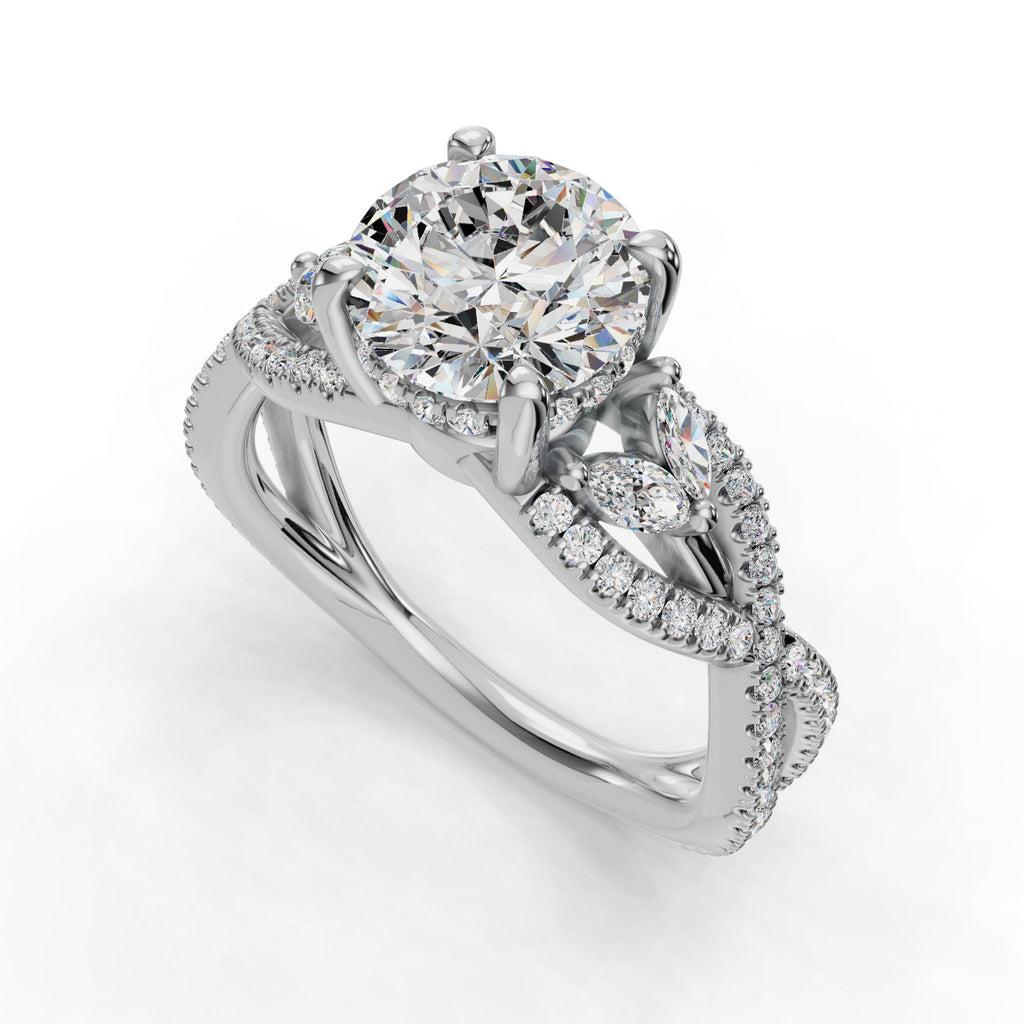 Diamond ring with twisted band and round center.