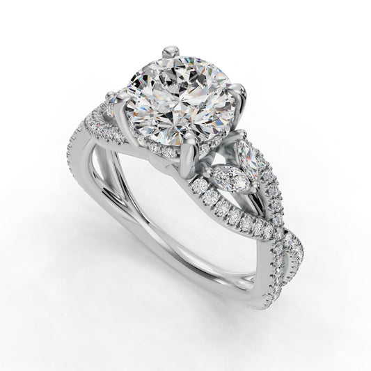 Diamond ring with twisted band and round center.