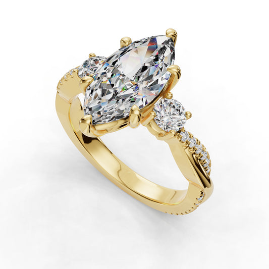 Gold ring with marquise and round diamonds.