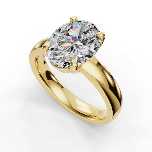 Gold ring with large oval diamond centerpiece.