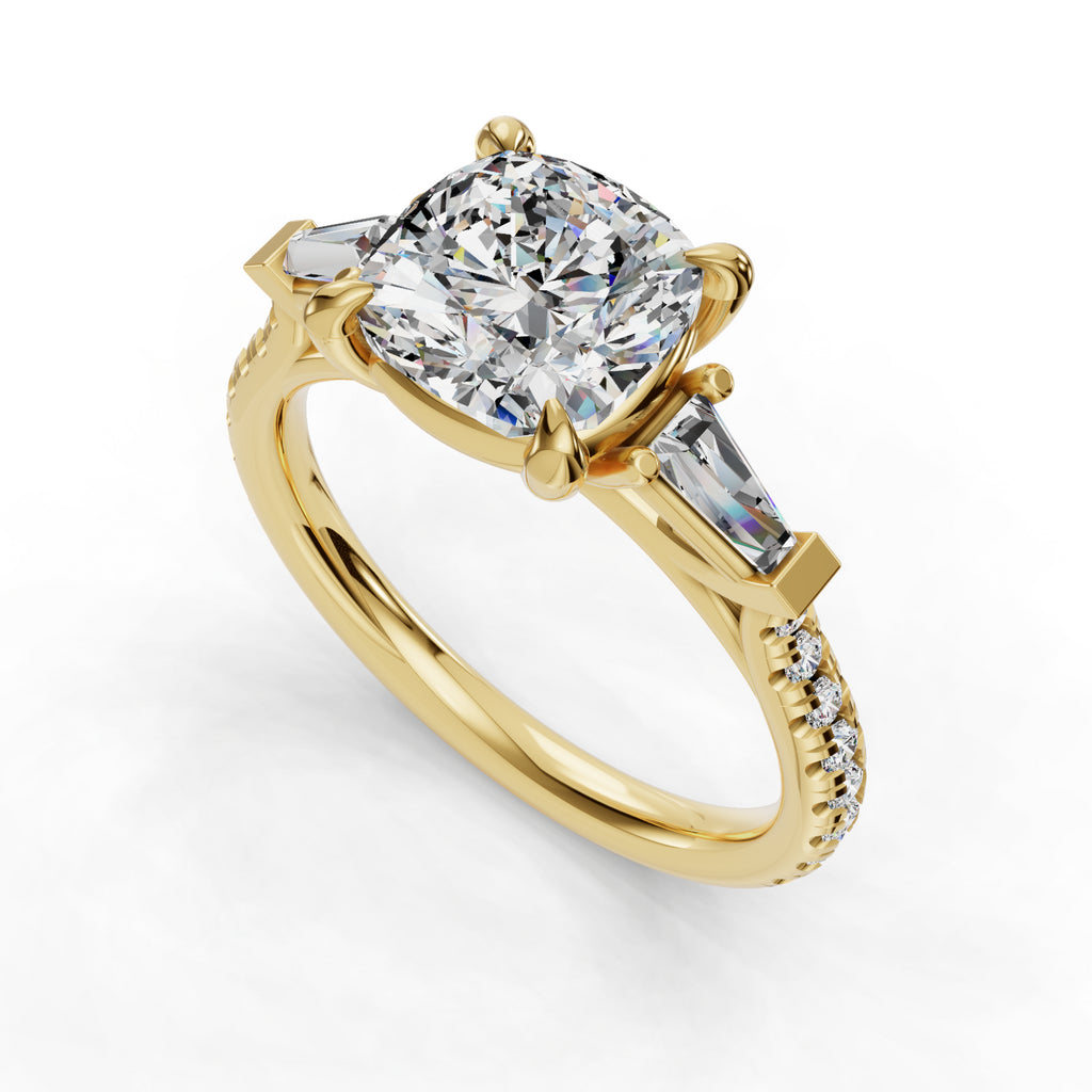 Gold ring with cushion-cut diamond centerpiece.