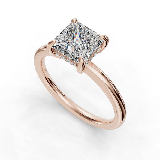 Princess-cut diamond rose gold engagement ring.