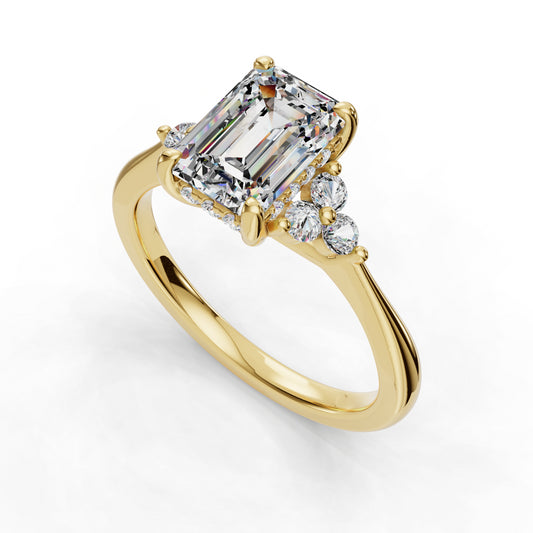 Emerald-cut diamond ring with gold band.