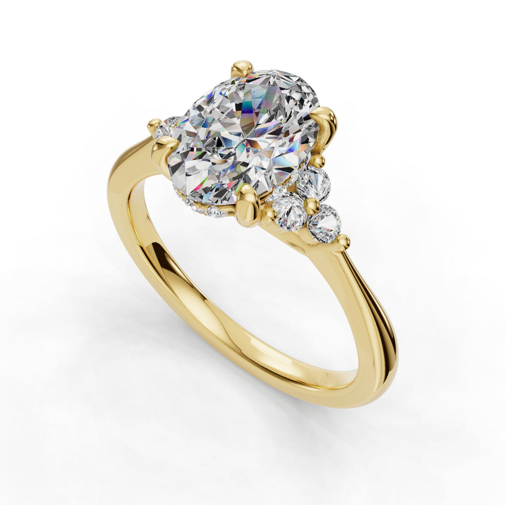 Gold ring with large oval diamond centerpiece.