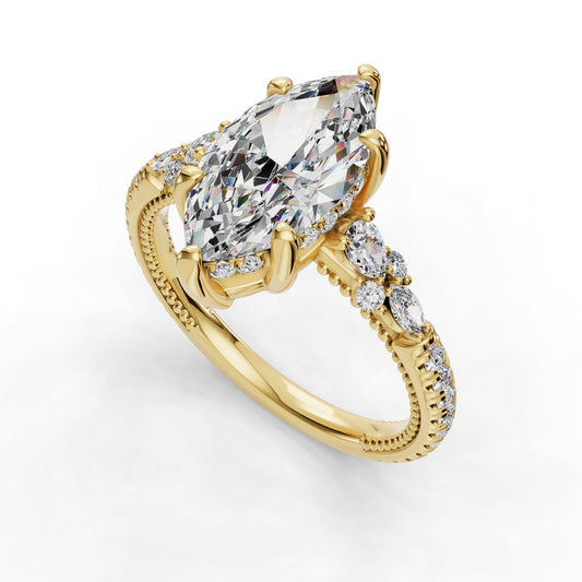 Marquise diamond ring with gold band.