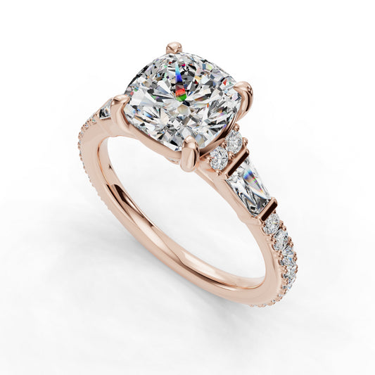 Cushion-cut diamond ring with rose gold band.