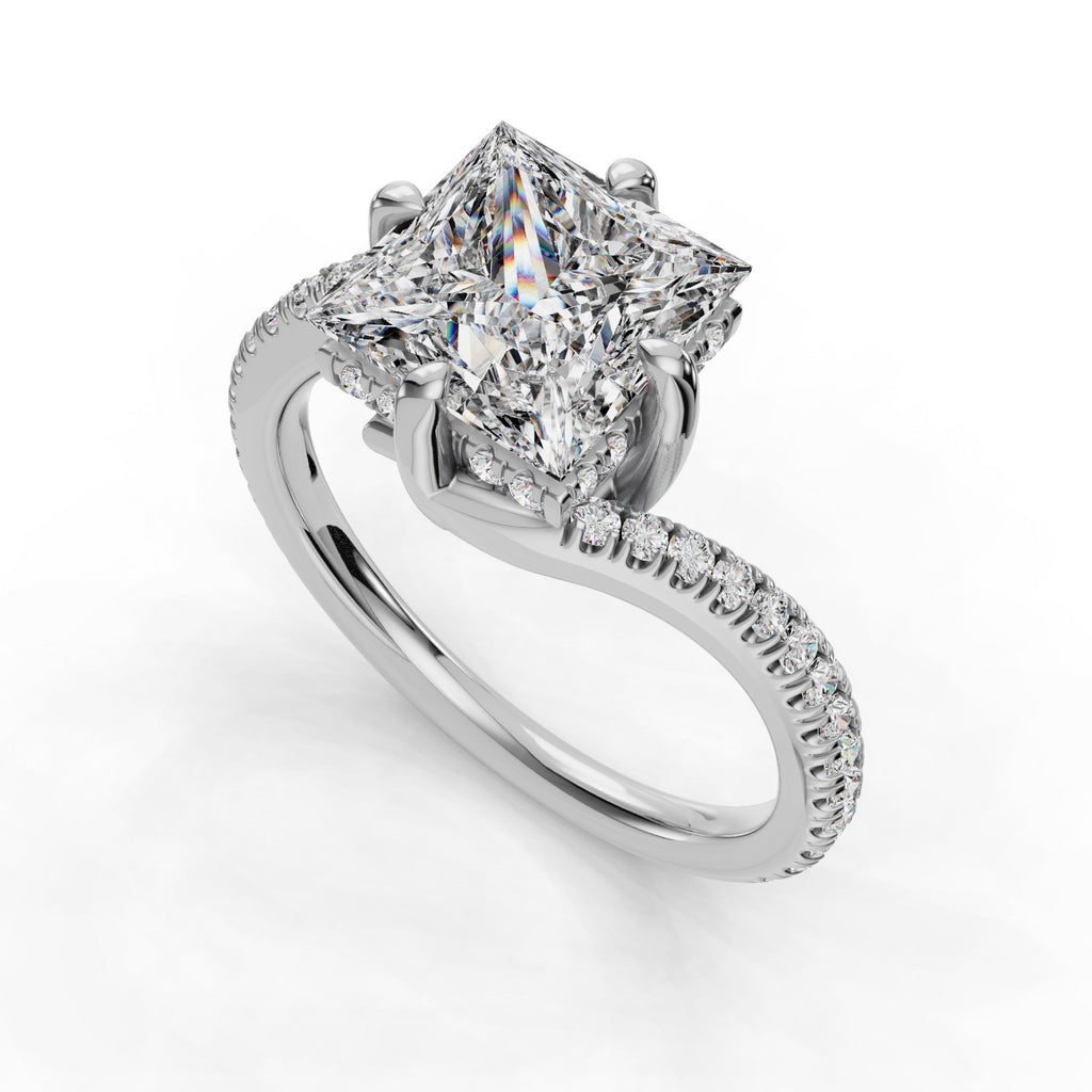 Princess-cut diamond ring with pavé band.