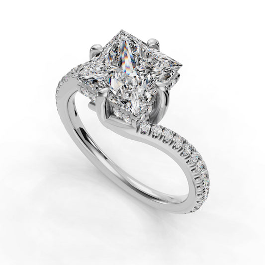Princess-cut diamond ring with pavé band.