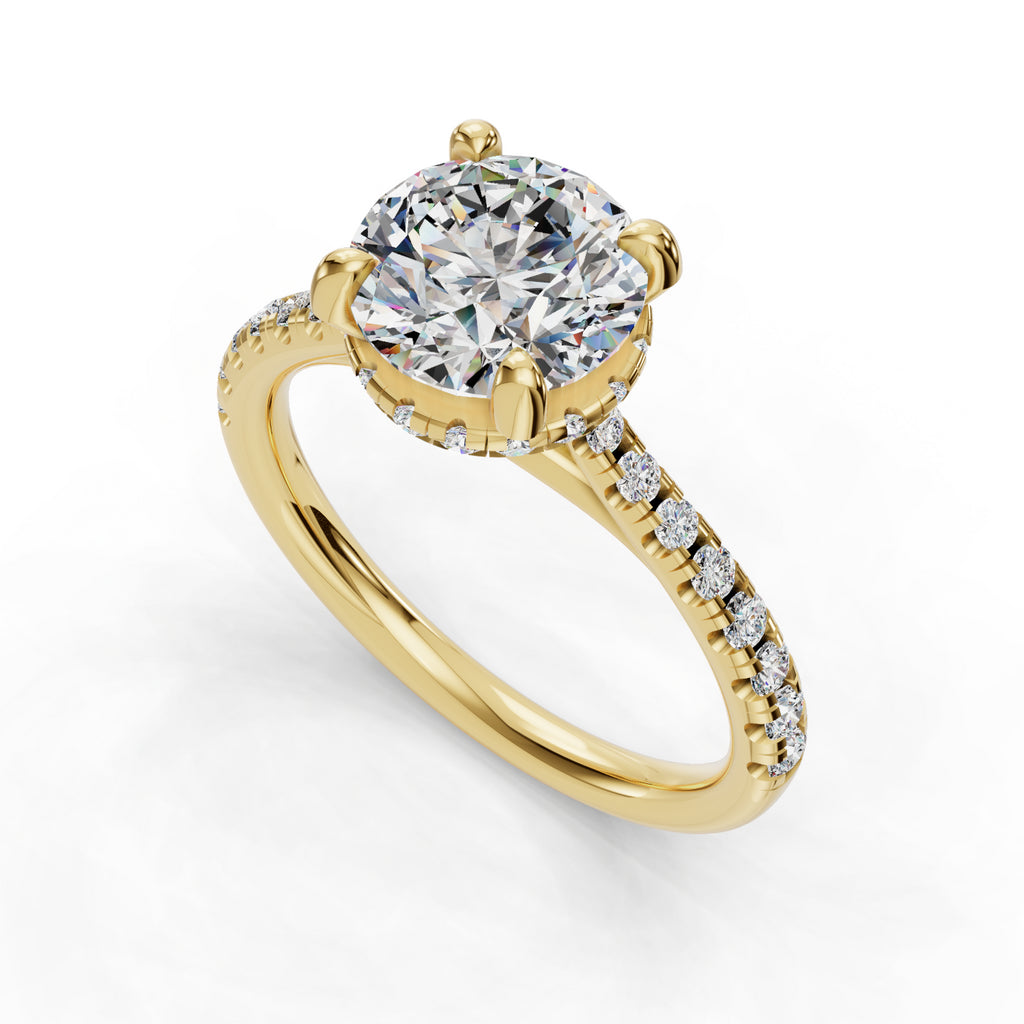 Gold ring with large round diamond centerpiece.