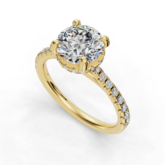 Gold ring with large round diamond centerpiece.