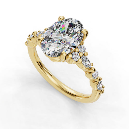 Gold ring with large oval diamond centerpiece.