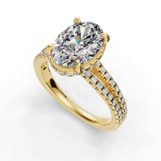 Gold ring with large oval diamond centerpiece.