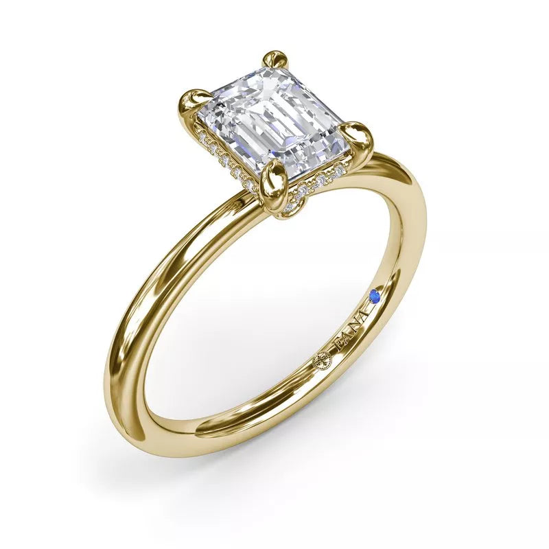 Yellow gold ring with round diamond accents.