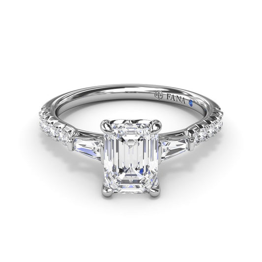 Three-stone diamond ring in white gold.