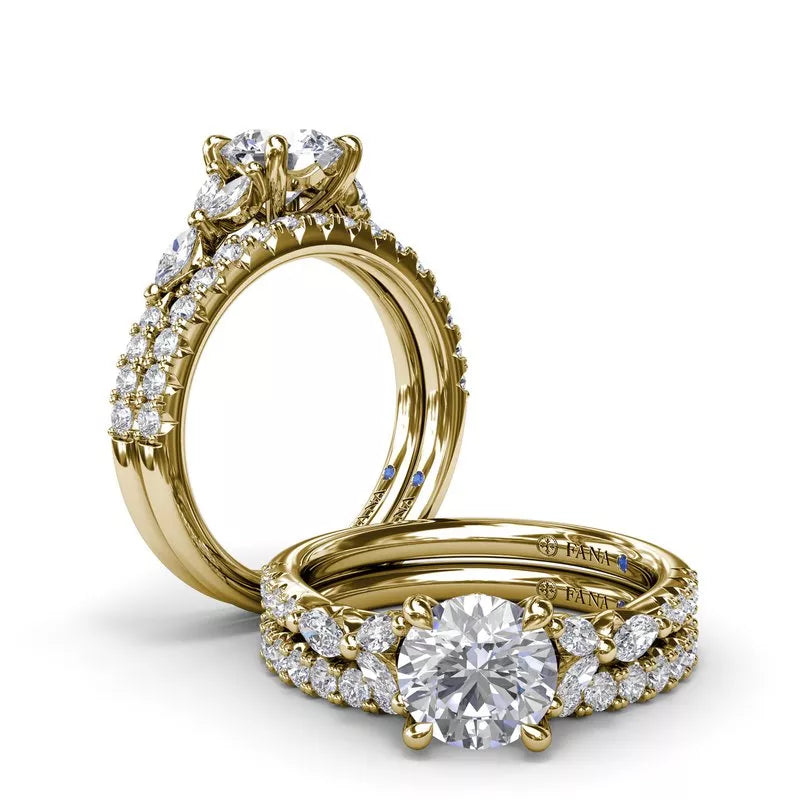 Yellow gold ring with round diamond accents.