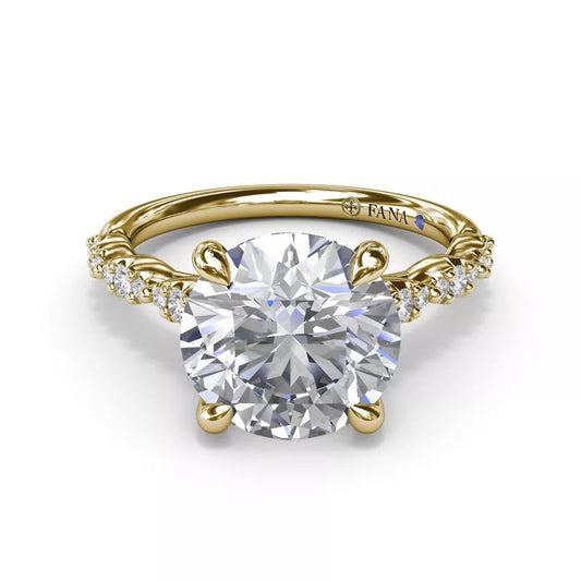 Yellow gold ring with round diamond accents.