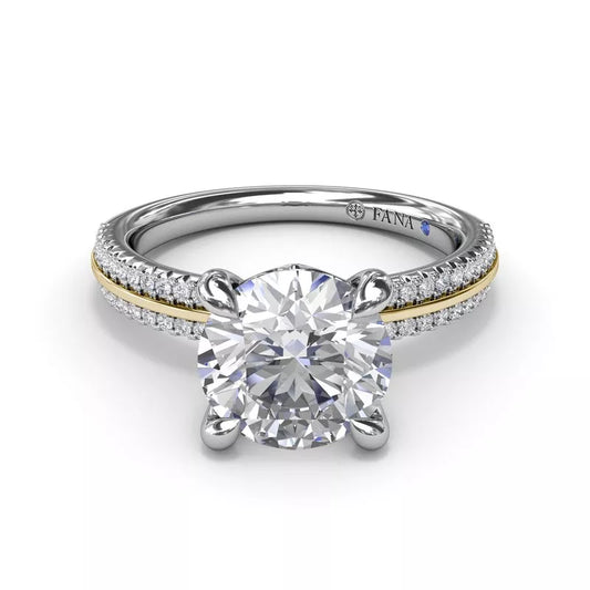 Diamond semi-mount ring with dual gold bands.