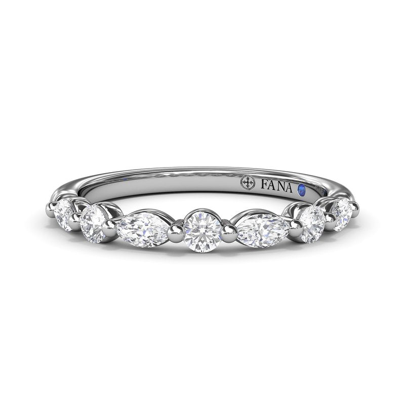 14K white gold band with round diamonds.
