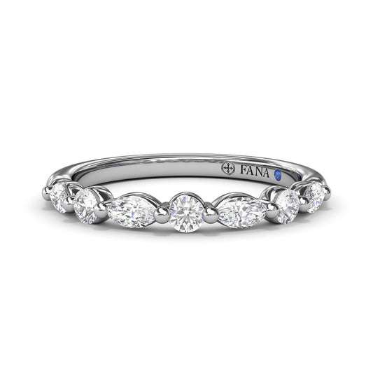 14K white gold band with round diamonds.