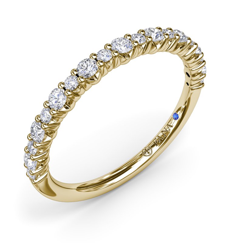 Yellow gold band with round diamonds.