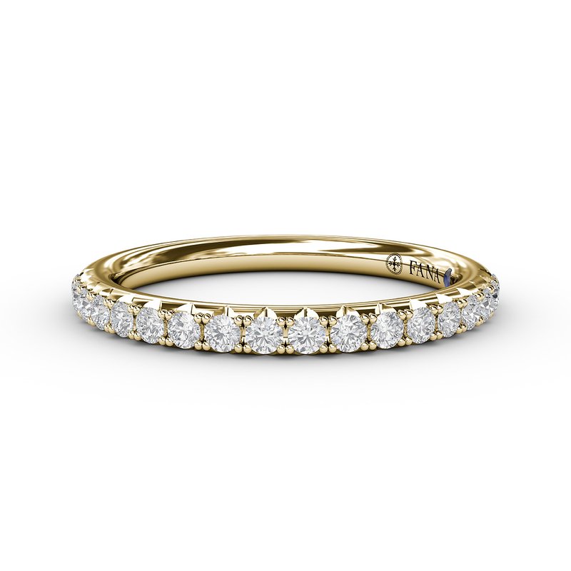 Yellow gold band with round diamonds.