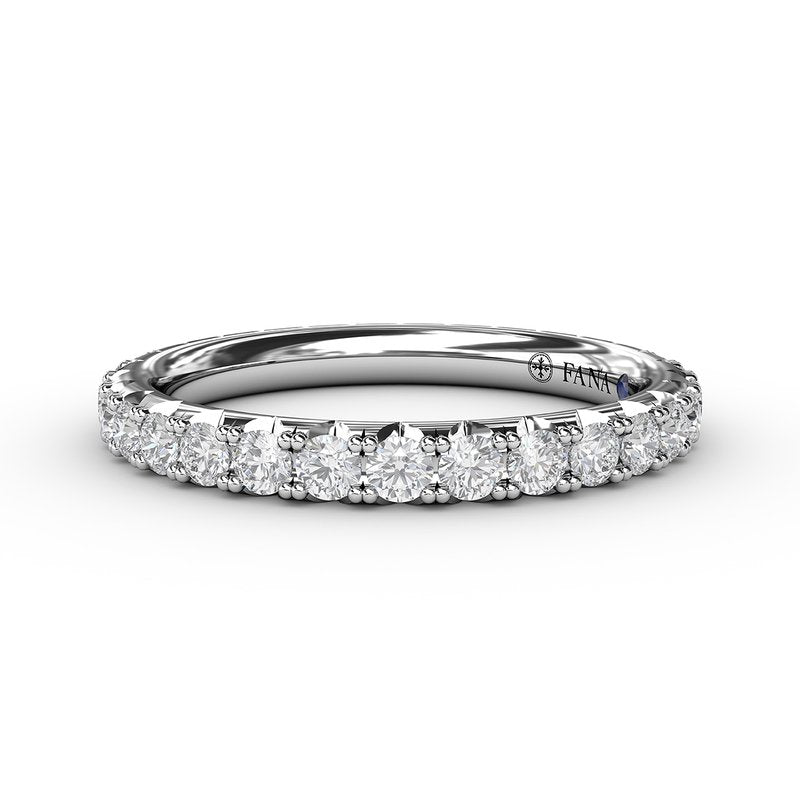 White gold band with round diamonds.