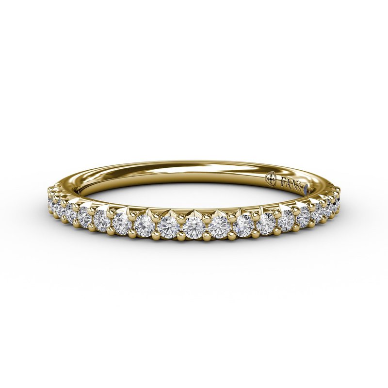 14K yellow gold band with round diamonds.