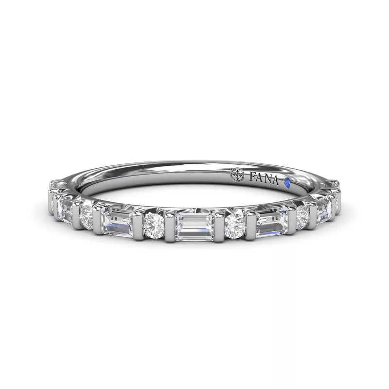 Emerald-cut diamond wedding band in white gold.