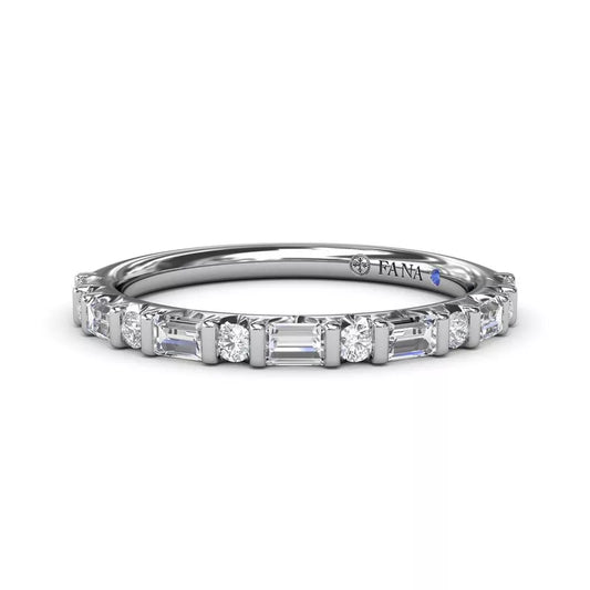 Emerald-cut diamond wedding band in white gold.
