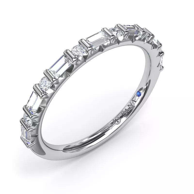 Emerald-cut diamond wedding band in white gold.