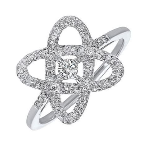 Diamond knot ring with round center stone.