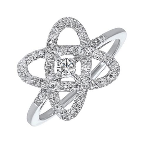 Diamond knot ring with round center stone.