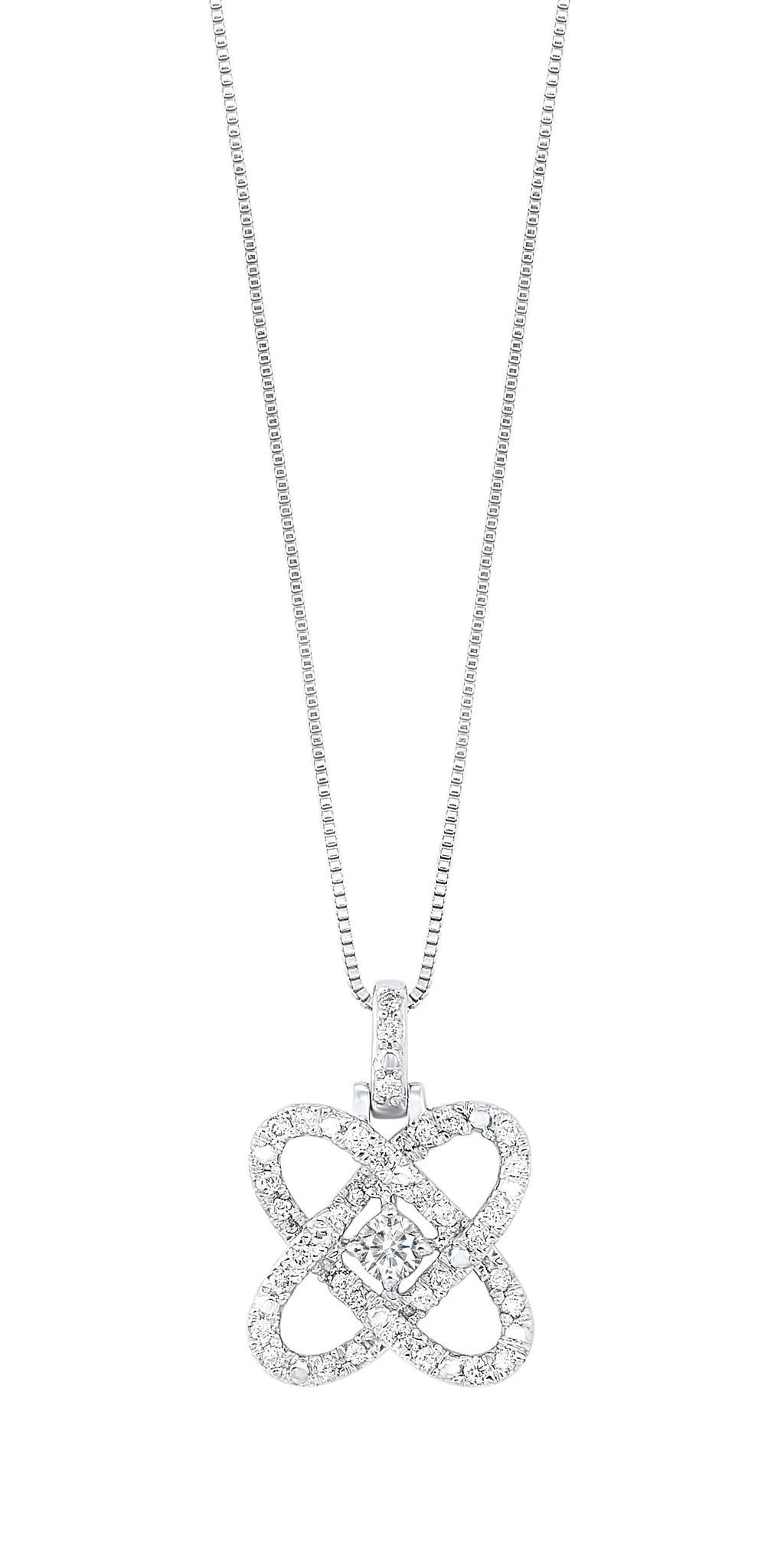 Diamond knot pendant with central round diamond.