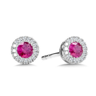 Ruby, Sapphire or Emerald & Diamond 0.10 ctw Halo Earrings in White Gold. Available in Small & Large Sizes.