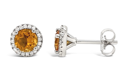 Round citrine diamond halo earrings, sterling silver.