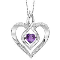 Sterling silver heart pendant with purple gemstone.