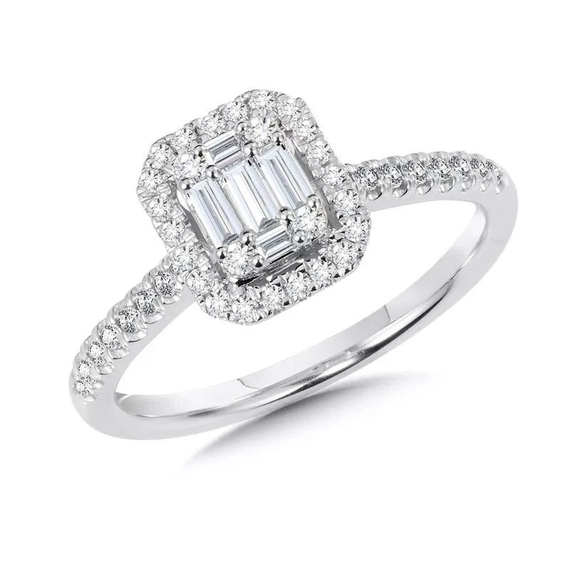 Baguette and round diamond halo ring.