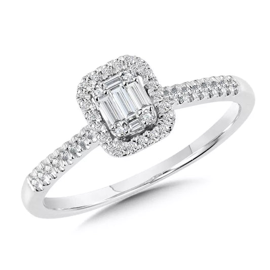 Round and Baguette Diamond Halo Ring in White Gold. Available in 0.24 ctw, 0.48 ctw and 0.71 ctw.