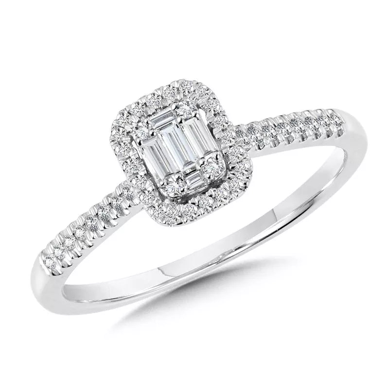 Baguette and round diamond halo ring.