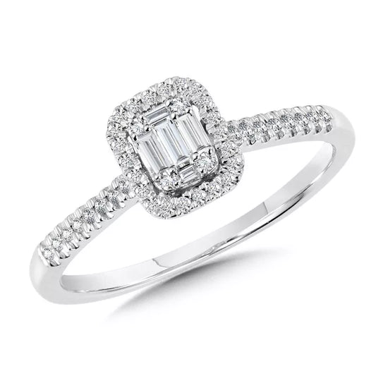 Baguette and round diamond halo ring.